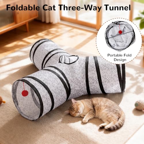 Cat Tunnel, 3-Way Collapsible Toy for Indoor Cats, Grey Coin (Grey Coin / Small)