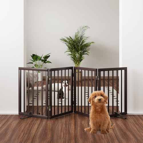 Freestanding Dog Gate Folding Brown Dog Gates for the House Doorways Stairs Pet Gates for Dogs (Bamboo Dog Gate Brown / 4 Panel - 74 inches Wide)