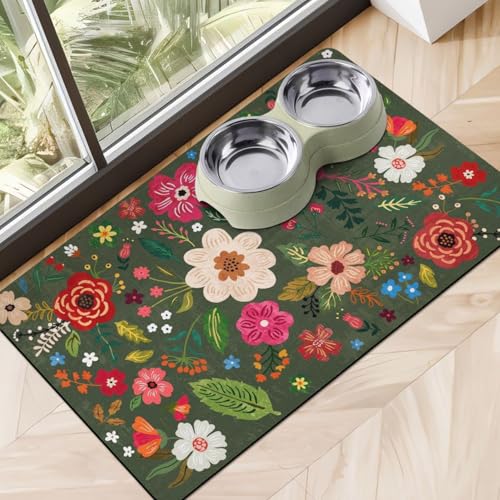 Dog Food Mats for Floors (Dark Green / 20"L x 12"W)