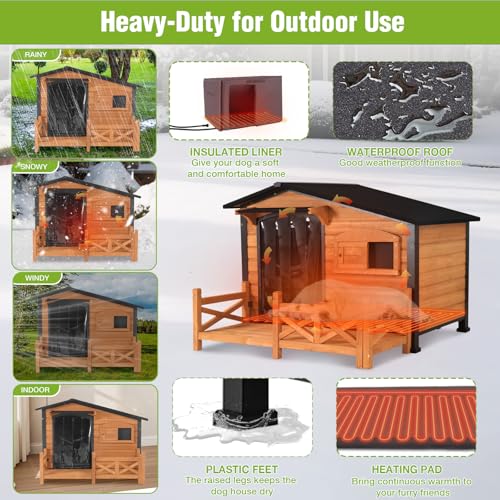 Heated Dog House Outdoor with Proch Weatherproof Dog Kennel with Heating Pad Anti