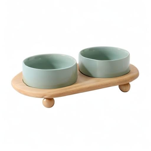 Raised Cat Bowl 5.1” Elevated Ceramic Cat Food and Water Bowl Set (Light Green)