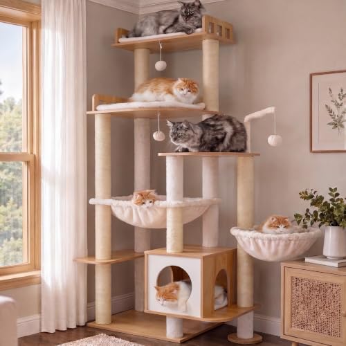 Cat Tree 70.5" Wood Tall Cat Tower for Large Indoor Cats HCT121WB (Walnut / 70.5 inch)