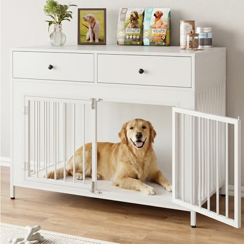 Large Dog Crate Furniture with 2 Drawers (White)
