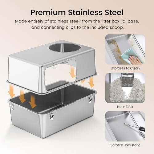 Stainless Steel Litter Box with Lid (Lateral Entry：23.6" x 15.7" x 15.7")