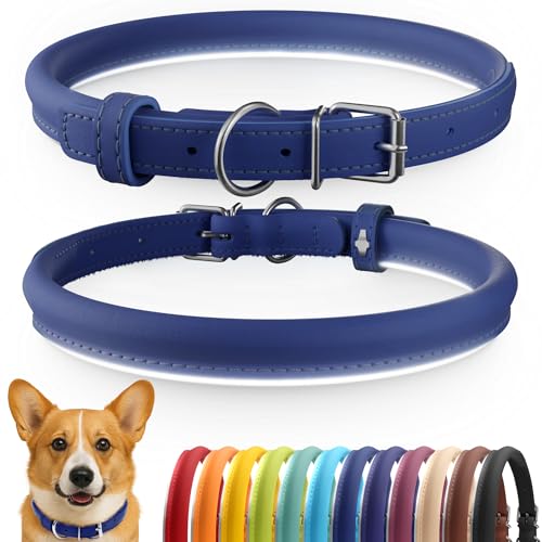 Tangle Free Reflective Leather Dog Collar (Deep Blue / L)