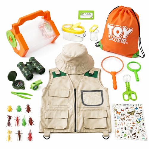 Kids Explorer Bug Catcher Kit with Safari Costume (25 PCS Dress-Up Explorer Set - Orange)