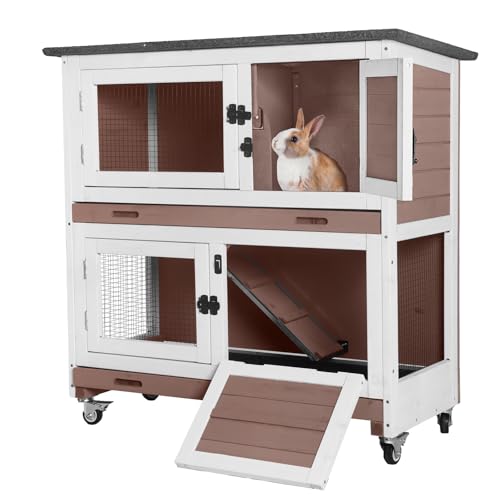 Wooden Rabbit Hutch Indoor Outdoor Rabbit Cage with Two Removable Trays Bunny Cage on Wheels Pet House Guinea Pig Cage 2 Story