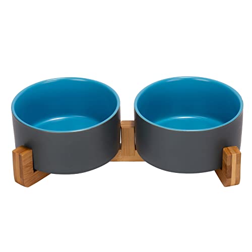 Ceramic Dog and Cat Bowl Set with Wooden Stand (3.6 cups / Blue-Grey × 2)