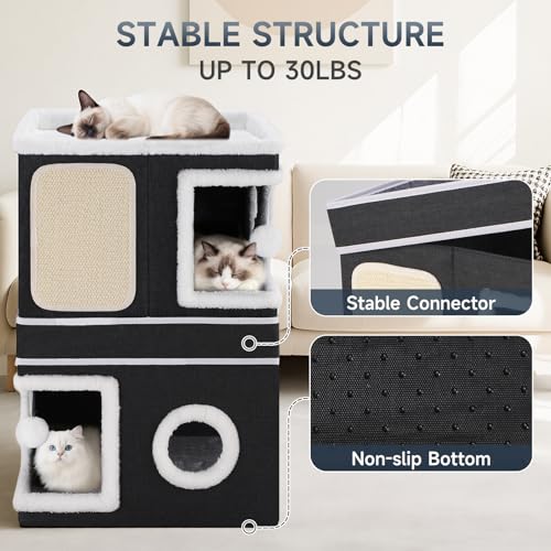 2 Story Cat House beds for Indoor Cats with Scratch Pads Black (Black / Double)
