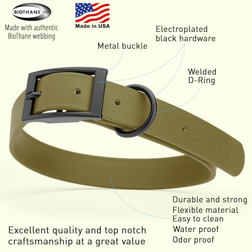 Biothane Waterproof Dog Collar Strong Coated Nylon Webbing with Black Hardware Odor (W1" x L18-22" / Olive Drab Green)