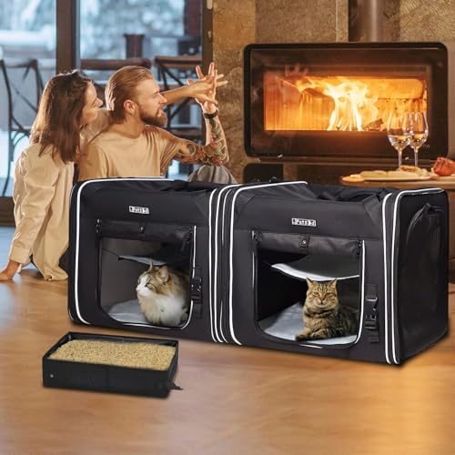 Portable Double Cat Carrier with Litter Box for Multiple Cats (36.0"L x 17.0"W x 17.0"H / Black)