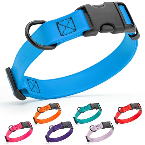 Biothane Waterproof Dog Collar with Quick Release Buckle Strong Coated Nylon Webbing with Odor (1"W by 15-25"L / Cerulean Blue)