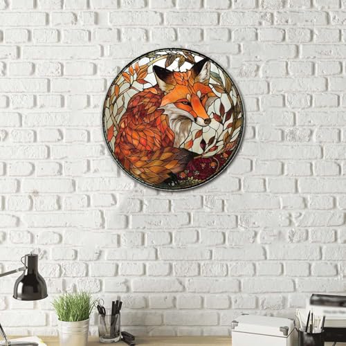 Metal Sign Tin Sign Circular Stained Glass Red Fox2 Gardening Sign for Yard 8×8 Inches (8×8 Inches / Red Fox-3)