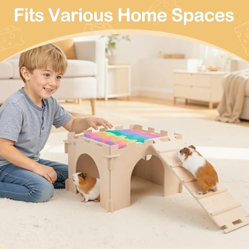1 Pack Wooden Guinea Pig Hideout House with Stairs & Mats (1 House / Wood Color)