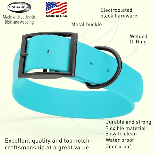 Biothane Waterproof Dog Collar Strong Coated Nylon Webbing with Black Hardware Odor (W1.5" x L20"-24" / Sky Blue)