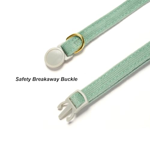 2 Pack Soft Corduroy Cat Collars with Bow Tie & Bell Adjustable Breakaway Kitten Bowtie Collar for Female Male Cats (S:Neck 7.0" - 11.0" / Corduroy-Pink Grass Green)