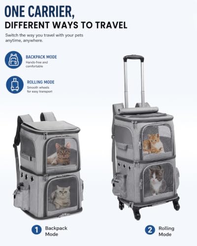 Double Compartment Cat Backpack Carrier with Wheels for 2 Pets (16.0"L x 11.8"W x 23.6"H / Grey)