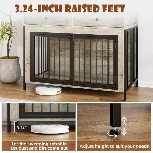 44 Inch Large Dog Crate Furniture with 2 Storage Drawers (New Grey / 44.5"L x 23.6"W x 34.5"H)