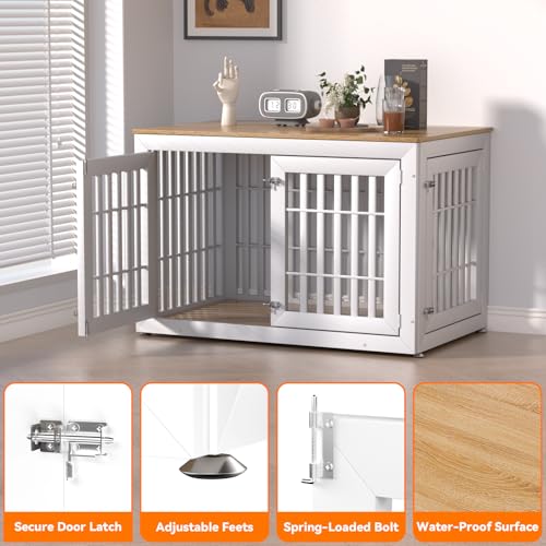 48" Heavy Duty Dog Crate Furniture for Large Dogs (47.2"L x 30.3"W x 31.9"H / White+Wood)