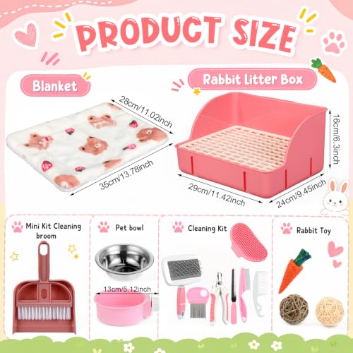 15 Pcs Rabbit Starter Kit Small Rabbit Litter Box Girls Gift Animal Grooming Kit Bunny Toys Bowl Blankets with Cleaning Set for Guinea Pig Accessories (Bright Pink‌)