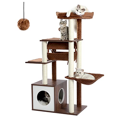 51.4in 6 Level Cat Tree for Indoor Cats with Swing Tunnel (Brown / L(25.6"L x 15.7"W x 51.4"H))