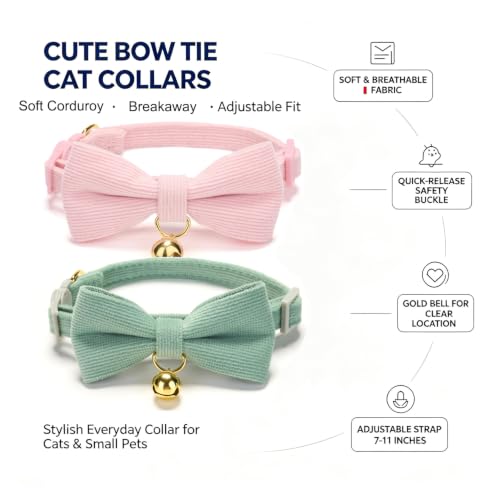 2 Pack Soft Corduroy Cat Collars with Bow Tie & Bell Adjustable Breakaway Kitten Bowtie Collar for Female Male Cats (S:Neck 7.0" - 11.0" / Corduroy-Pink Grass Green)