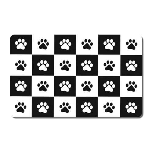 Dog Food Mat 12" x 19" Footprint Absorbent Dog Cat Bowl Mat for Food and Water (A-Black White Footprint / 12"L x 19"W)