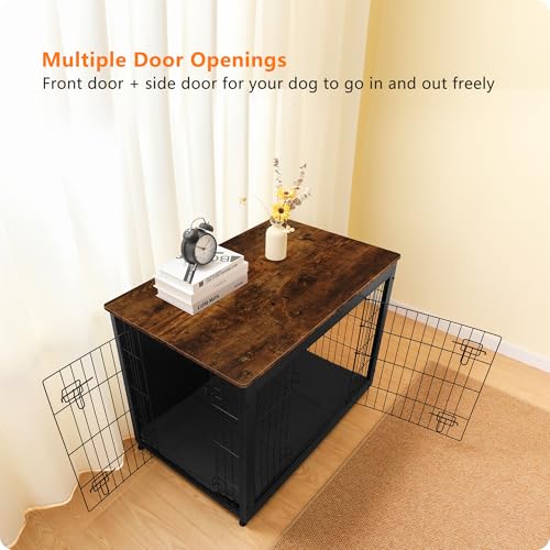 38.5" XL Dog Crate Furniture with Cushion (Black+Rustic Brown / 38.5"L x 25.6"W x 26.8"H)