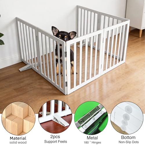 Freestanding Indoor Dog Gate for House Foldable Wood White Puppy Gate for Doorways Pet Gate for Stairs Extra Wide Pet Fence 32" Height 6 Panels (White / 【6 Panels】120''w x 32''h)