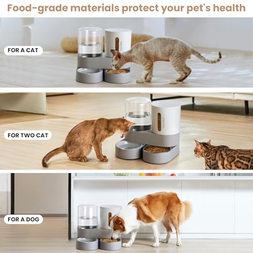 2 Pack Automatic Cat Feeder Stainless Steel Water Dispenser Gravity Food Feeder and Waterer Set with Pet Food Bowl for Small Medium Kitten Puppy Pets Large Capacity (Grey)