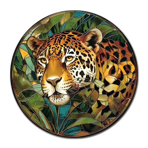 Metal Sign Tin Sign Circular Stained Glass jaguar Tin Signs for Women for Patio 8×8 Inches (8×8 Inches / Jaguar-3)