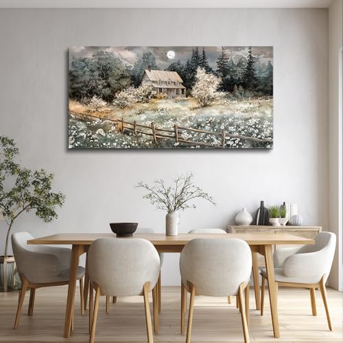 Farmhouse Canvas Wall Art Nature Landscape Paintings Wall Decor For Living Room Bedroom Decorations Rural Artwork Pictures Framed for Office Aesthetic Home Decor Ready To Hang (40"L x 20"W / Rural landscape)