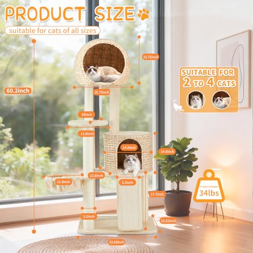 60.2" Tall Natural Handwoven Rattan Cat Tree (60.2inch)