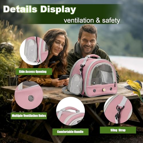 Portable Parrot Travel Cage Carrier with Small Swing Toy&Cage Colorful Toys Set Small Bird Parakeet Bag with Standing Perch Bird Carry Transport Bag (Pink / 12.0"L x 7.0"W x 12.0"H)