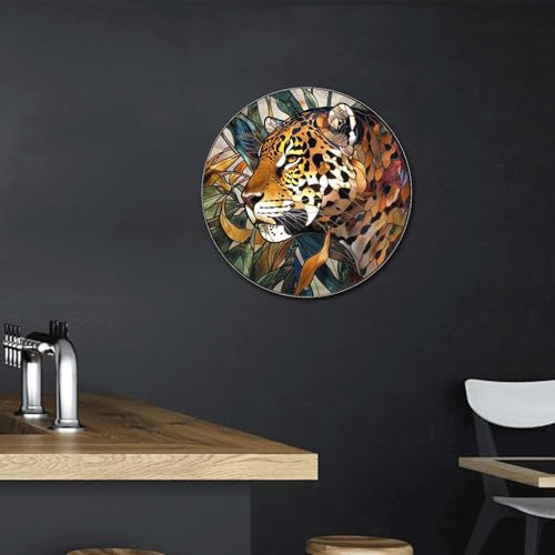Metal Sign Tin Sign Circular Stained Glass Jaguar Tin Sig For Pet 8×8 Inches (8×8 Inches / Jaguar-2)