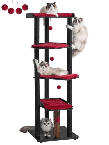 67.7" Wooden Cat Tree for Large Cats (Black/Red / 23.6"L x 22.8"W x 67.7"H)