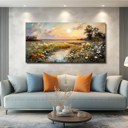 Canvas Wall Art For Living Room Wall Decor For Bedroom Office Decorations Vintage Farmhouse Wildflower Wall Paintings Nature Landscape Picture Artwork Aesthetic Home Decor Ready To Hang (40"L x 20"W / Rural Scenery)