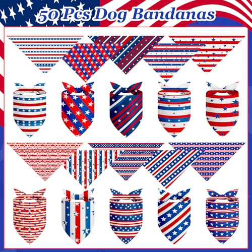 50 Pcs 4th of July Dog Bandanas Bulk for Patriotic American Striped Star Red White and Blue Independence Day Flag Scarf for Small Medium Large Outfit (Striped Star / 31.5 x 21.7 x21.7 Inch)