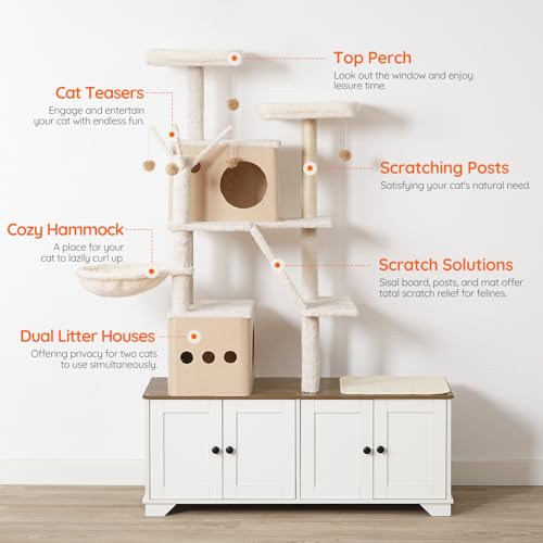 Double Litter Box Enclosure with Cat Tree (White)