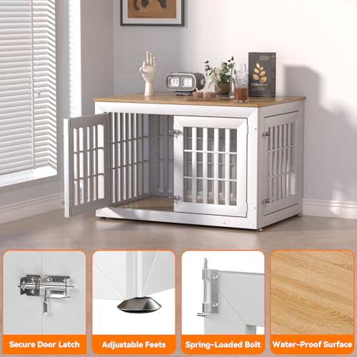 42" Heavy Duty Dog Crate Furniture for Large (42.1"L x 28.7"W x 28.5"H / White+Wood)