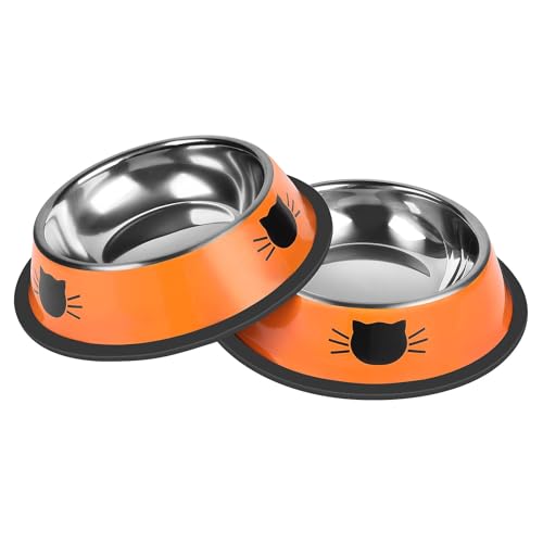 2 Pcs Non Slip Stainless Steel Small Cat Food Bowls (Orange / 7 oz)