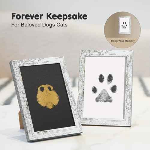 Inkless Paw Print Kit for Dogs (Black/Gold Pad,Vintage White Wood Frame / 4-Pack,Large)