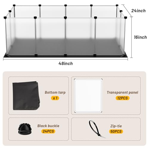 Guinea Pig Cage with Waterproof Mat & 12 Transparent Panels (12 Panels with flat mat / Black)