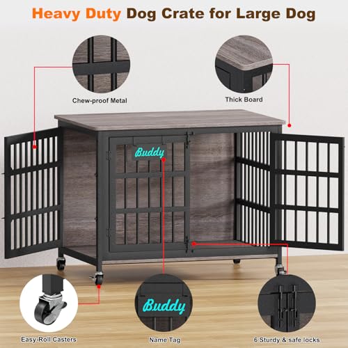 41"/33"/27" Dog Crate Furniture with Name Tag, Heavy Duty Dog Kennel Indoor for Medium Dogs, Double-Doors Sturdy Metal Dog Cage for Anxiety Dog, Decorate House as TV Stand, End Table (40.8"L x 29.3"W x 30.2"H / Grey)