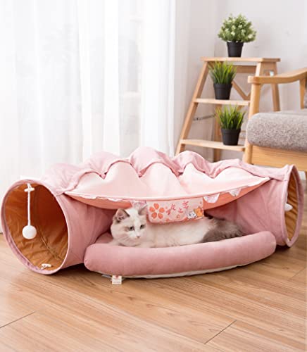 2 in 1 Cat Tunnel Bed Tube with Cushion and Plush Ball Toy Playground Crinkle Collapsible for Large Cats Kittens Kitty Puppy Small Dog Foldable Soft Pet Play Bed Indoor Outdoor