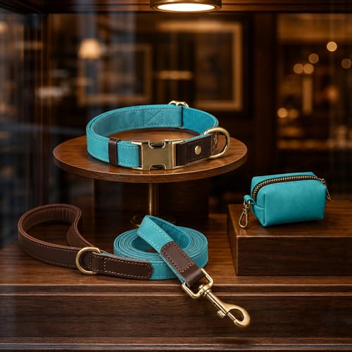 PU Leather Dog Collar for Large Dogs (Light Blue / L: Neck 16-23", Width 1")