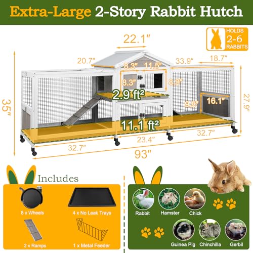 93"L Double Rabbit Hutch with Dual Runs (93.0"L x 22.1"W x 35.0"H)