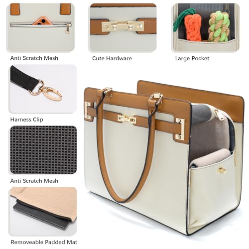 2-in-1 Stylish Dog Purse Carrier Soft-Sided Carriers Travel Tote Bag for Small Dogs Cats, Fashion Foldable Pet Bag for Puppies Small Animals with Pockets (Beige+Brown, 15" L x 7.5" W x 12.2" H) (Beige+Brown / 15" L x 7.5" W x 12.2" H)