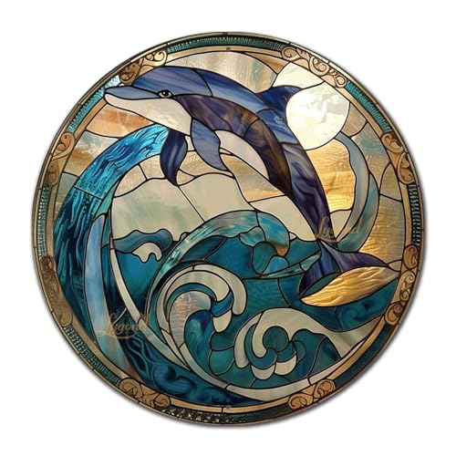 Metal Tin Stained Glass Dolphin Sign (12×12 Inches / Dolphin-2)