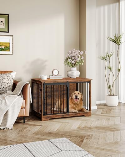 39.3" L Dog Crate Furniture Indoor Dog Kennel with Barn Door (Rustic Brown / 39.3"L x 23.6"W x 26.8"H)